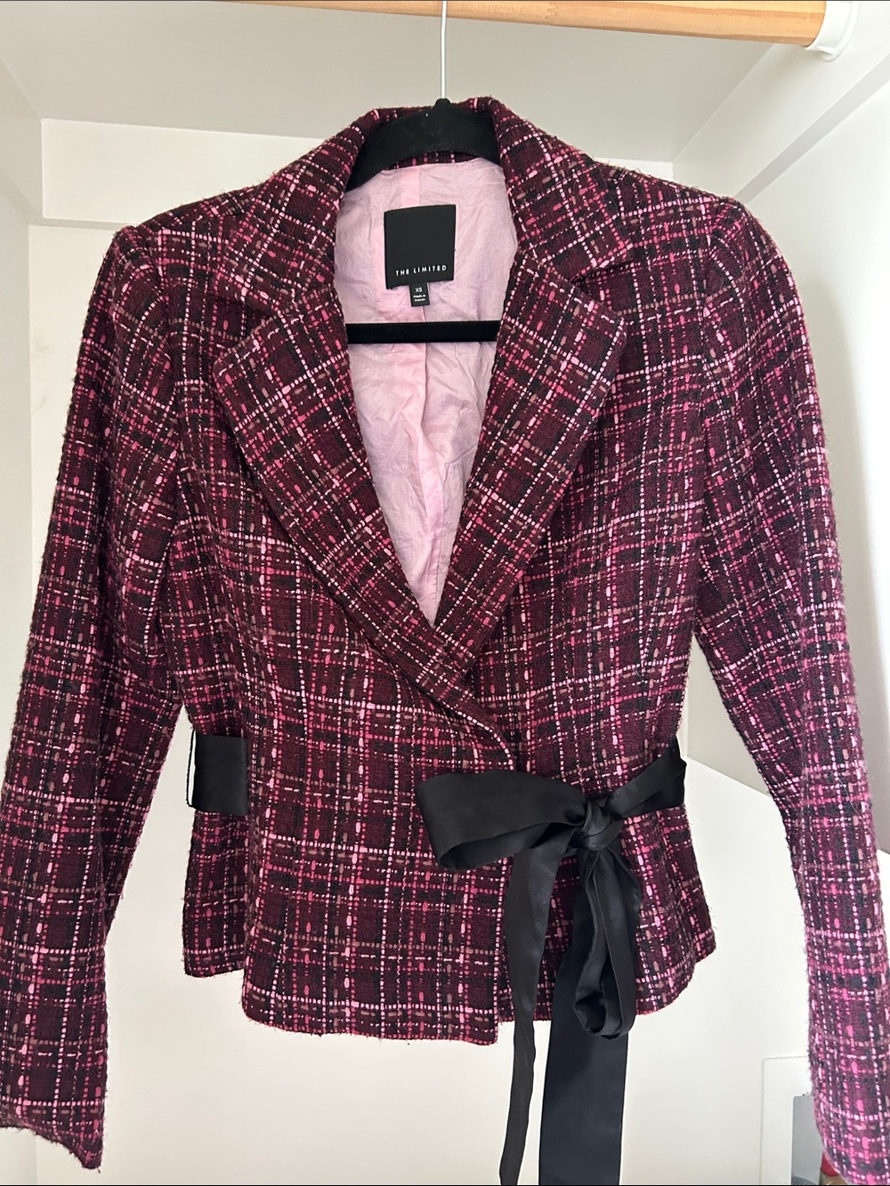 The Limited Burgundy and Pink Plaid Tweed Blazer with Black Ribbon